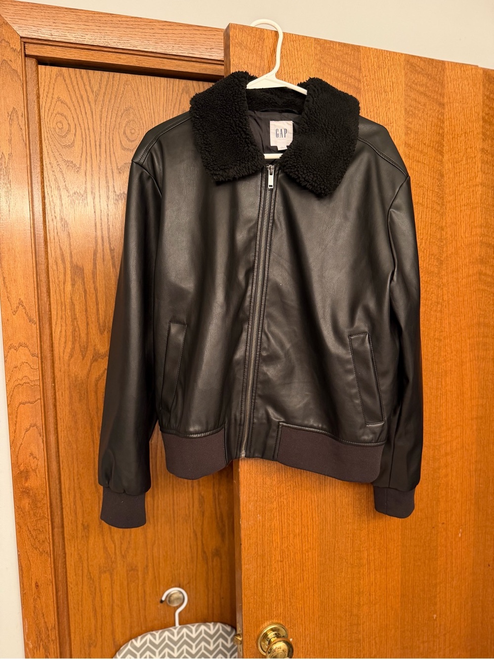 GAP Black Faux Leather Bomber Jacket with Sherpa Collar